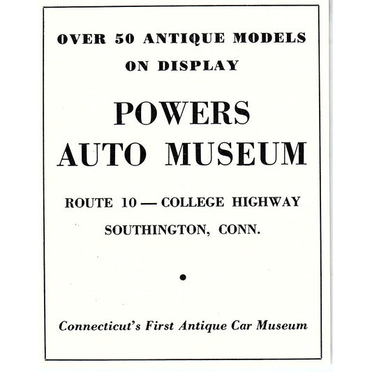 Powers Auto Museum Southington CT 1950 Ad AF6-M7