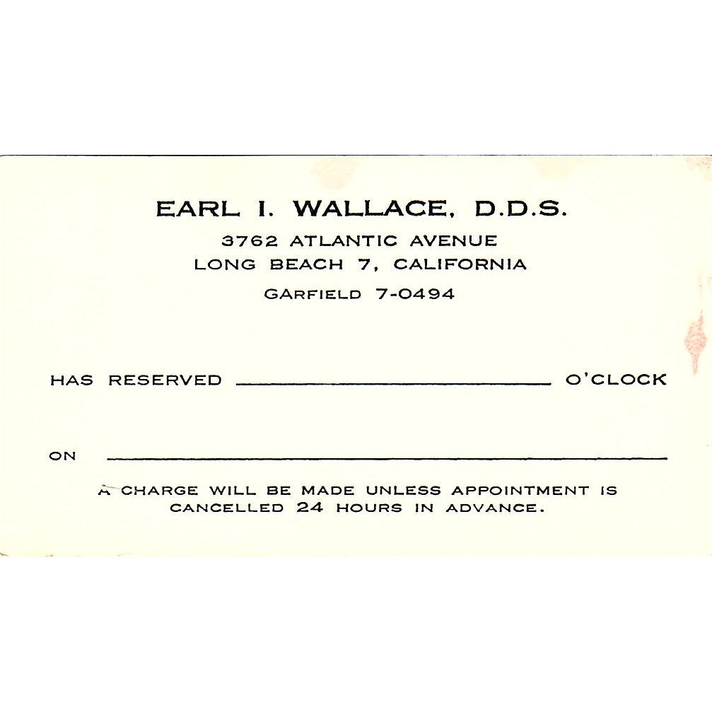 Earl I. Wallace Long DDS Dentist Beach CA Vintage Business Card SB4-B2
