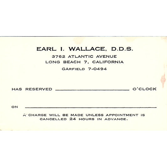 Earl I. Wallace Long DDS Dentist Beach CA Vintage Business Card SB4-B2