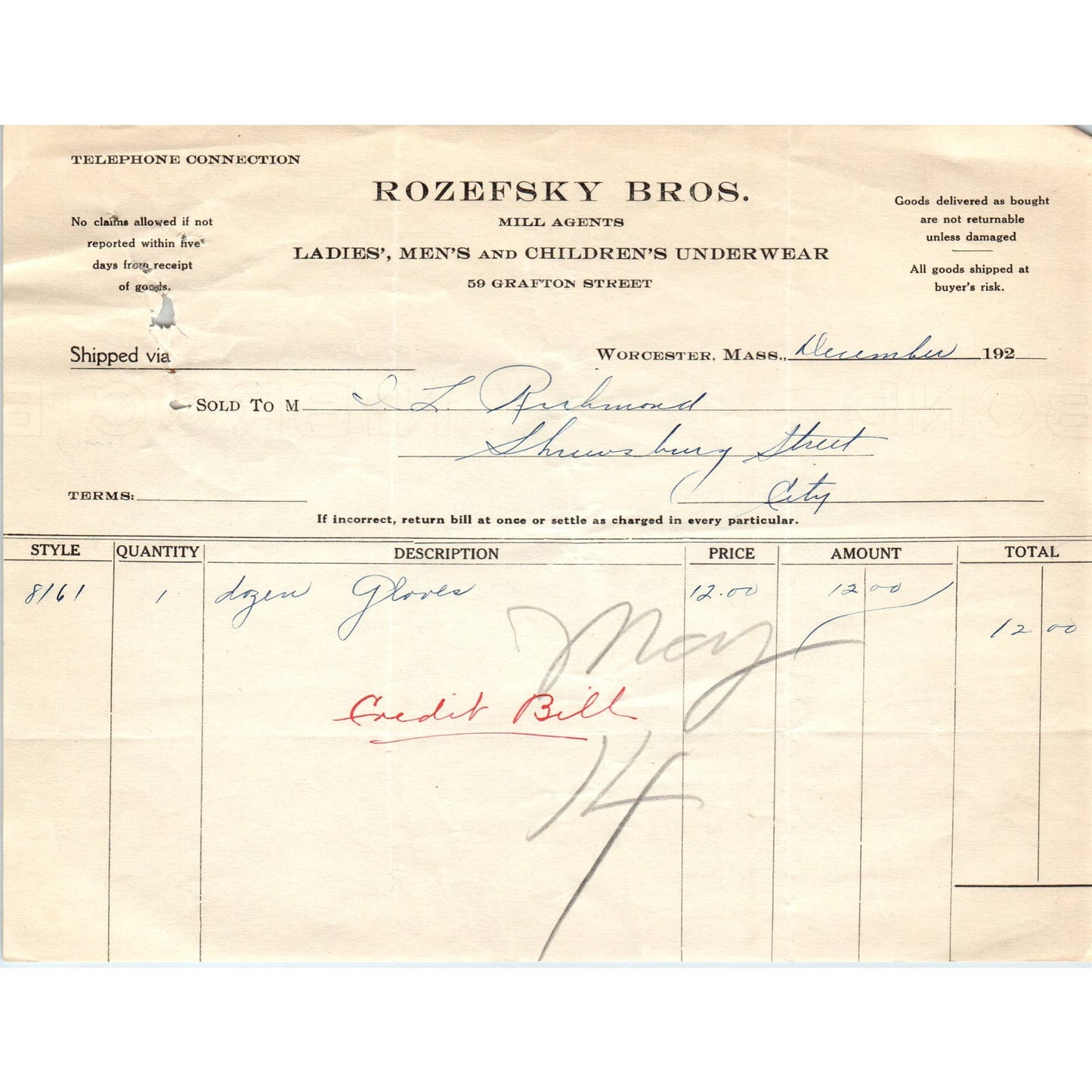 Rozefsky Bros Mill Agents Worcester MA 1925 Original Billhead Letterhead D5