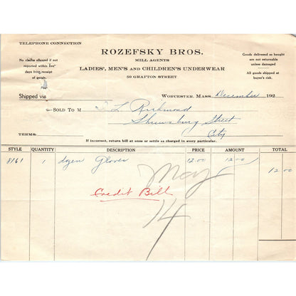 Rozefsky Bros Mill Agents Worcester MA 1925 Original Billhead Letterhead D5