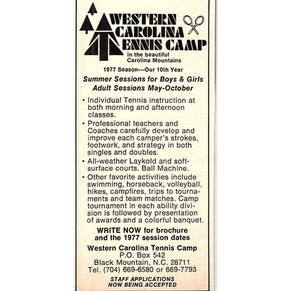 Western Carolina Tennis Camp Black Mountain NC 1977 Ad AF3-Q1