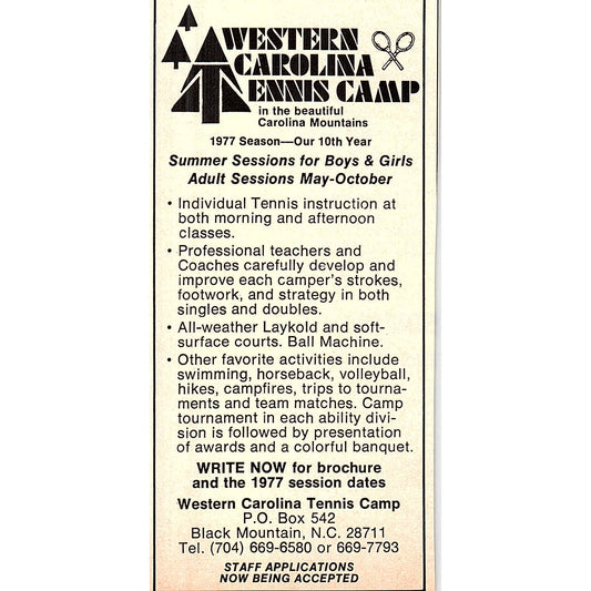 Western Carolina Tennis Camp Black Mountain NC 1977 Ad AF3-Q1