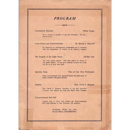 1929 Bell Society Annual Banquet Program Hotel Statler  AE4