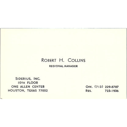 Siderius Inc Robert H Collins Houston Texas  Vintage Business Card SB4-B9