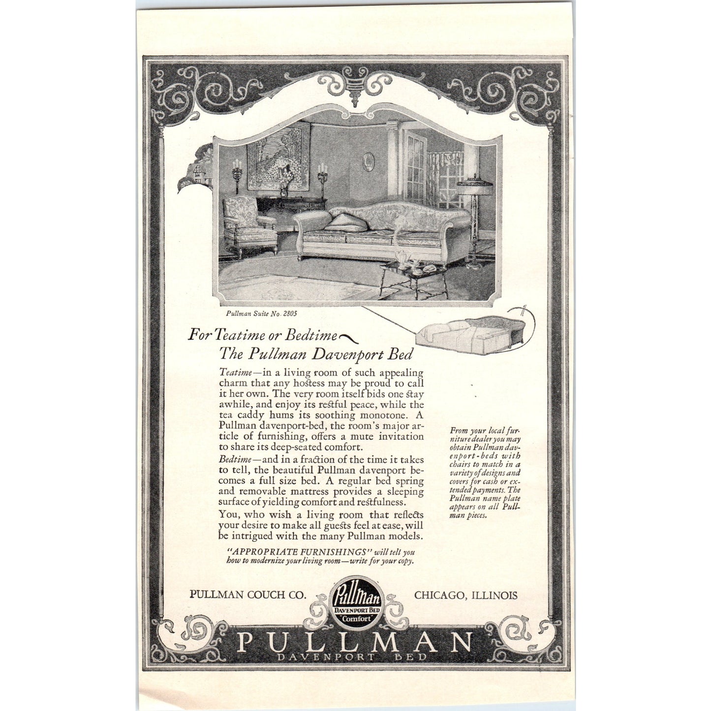 The Pullman Couch Co Davenport Bed Chicago IL 1924 Magazine Ad D23