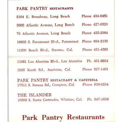 Park Pantry Restaurants Long Beach CA Vintage Business Card SD8-B7
