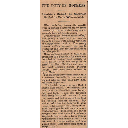 Duty of Mothers Lydia E Pinkham Liver Pills St. Paul 1898 Newspaper Ad AF2-A2