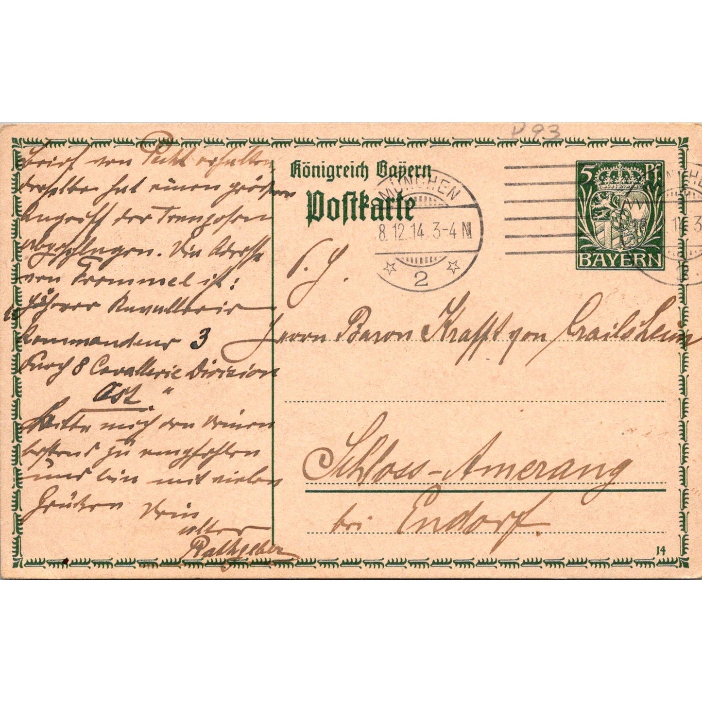 München Schloss-Amerang 1914 German Reich Postcard P5-12