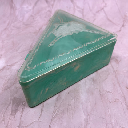 Vintage Hommer Triangular Plastic Hankie Vanity Box Ballerina Teal Celluloid TG8
