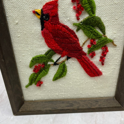 Vintage Red Cardinal Bird Mid Century Embroidery Handmade Wall Art 6x8" Ti5