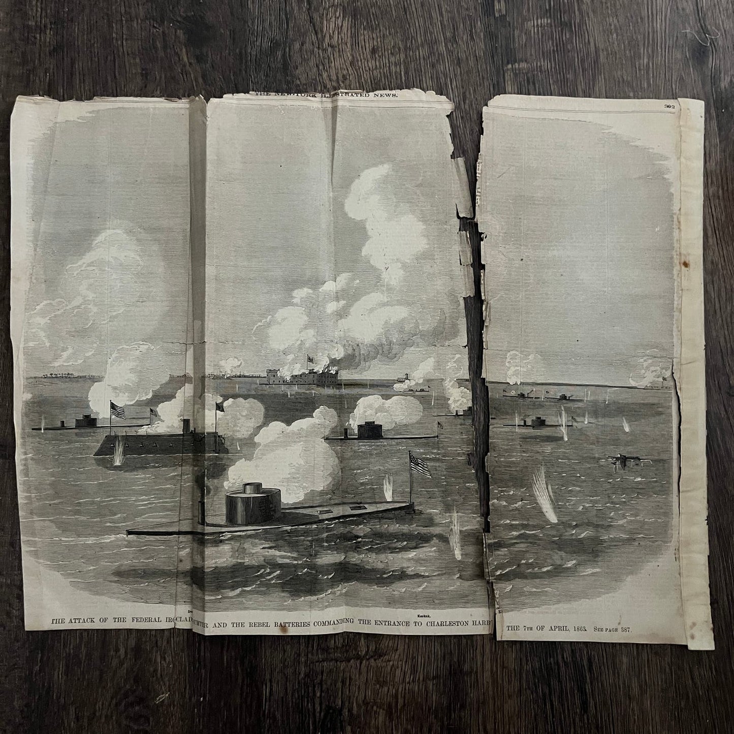 Federal Ironclads Attack on Ft. Sumter Original 1863 Civil War Engraving C57