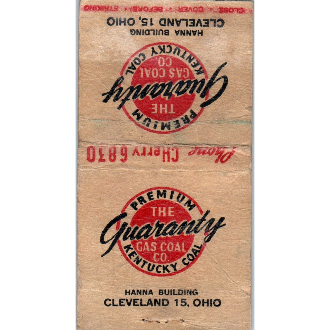 Guaranty Gas Coal Co Kentucky Coal Cleveland OH Vintage Matchbook Cover SF4-Y6