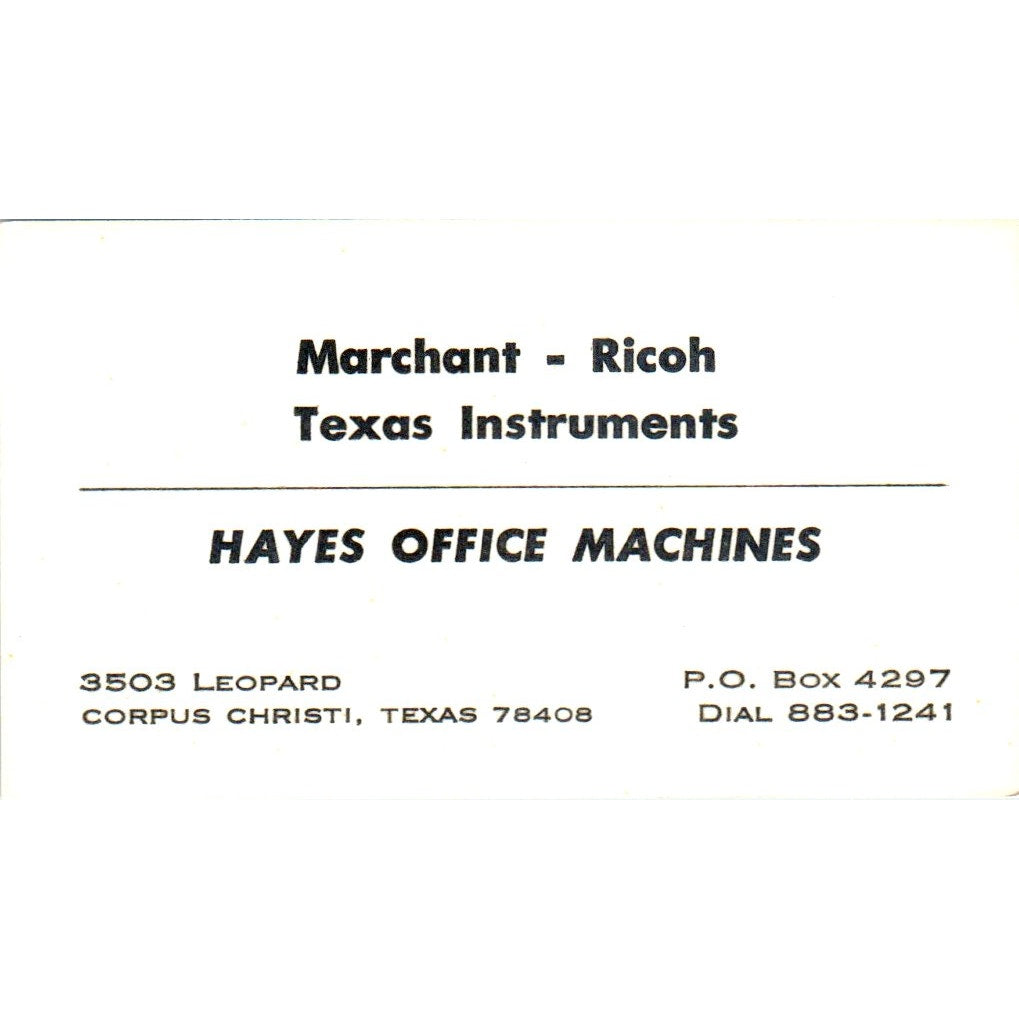 Hayes Office Machines Texas Instruments Corpus Christi Vtg Business Card SE3-B3