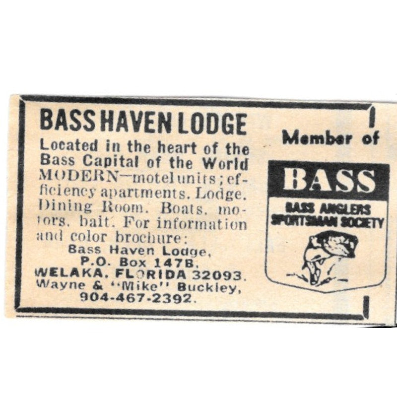 Bass Haven Lodge Welaka Florida Wayne & Mike Buckley 1977 Ad AF6-S4