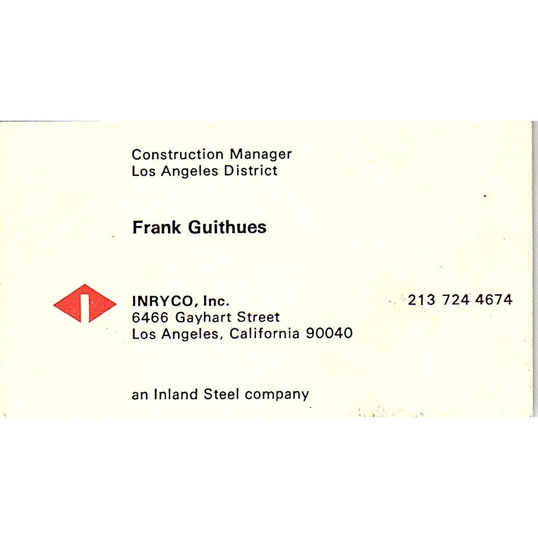 Frank Guithues INRYCO Inc Los Angeles Vintage Business Card SC9-B12