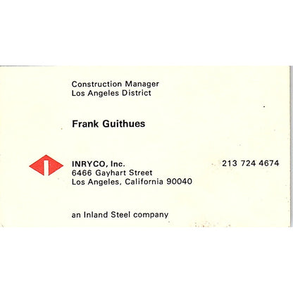 Frank Guithues INRYCO Inc Los Angeles Vintage Business Card SC9-B12