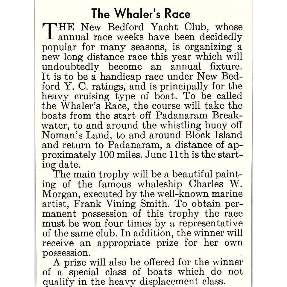 New Bedford Yacht Club Whaler's Race Trophy Charles W. Morgan 1932 Ad AG2-M18