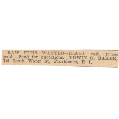 Raw Furs Wanted Edwin G. Baker Providence RI 1905 Magazine Ad AF1-NES4