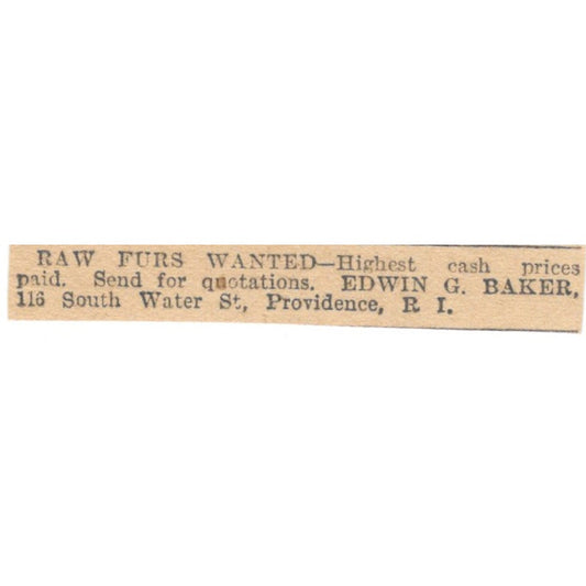 Raw Furs Wanted Edwin G. Baker Providence RI 1905 Magazine Ad AF1-NES4