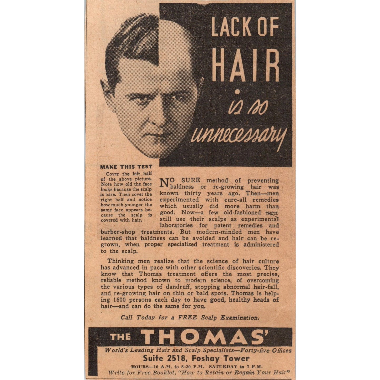 The Thomas' Baldness Treatment Foshay Tower 4x7" 1935 Minneapolis Ad AE7-H1