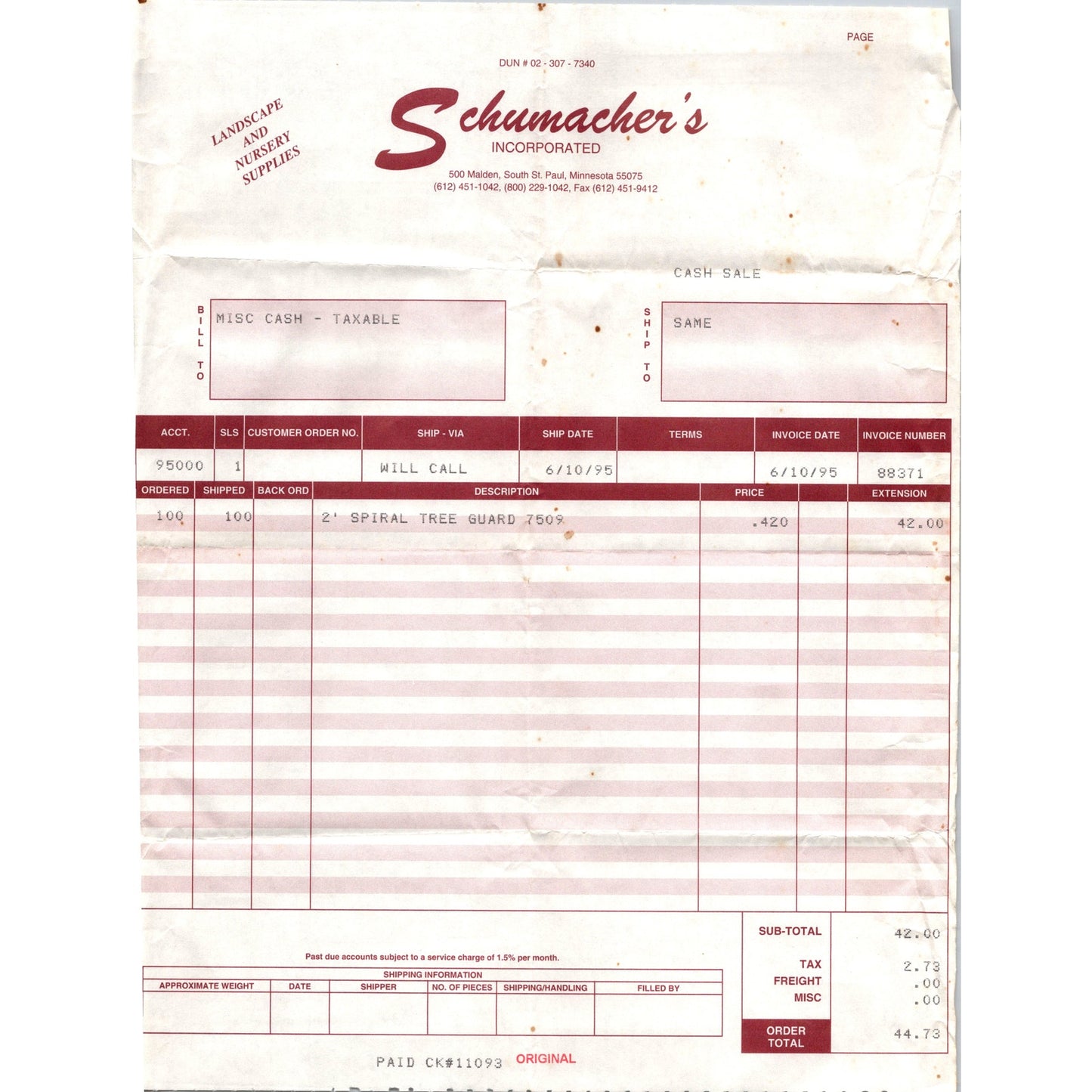 Schumacher's Incorporated Landscape Nursery South St. Paul MN 1995 Billhead K23