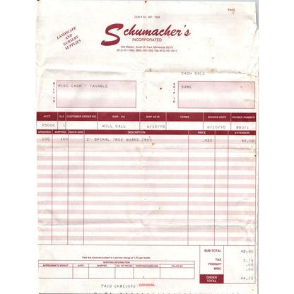 Schumacher's Incorporated Landscape Nursery South St. Paul MN 1995 Billhead K23