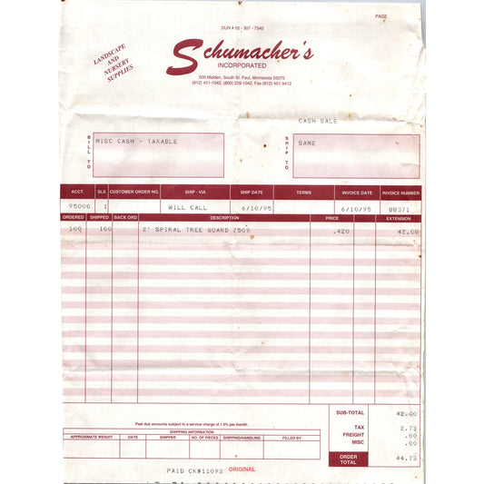 Schumacher's Incorporated Landscape Nursery South St. Paul MN 1995 Billhead K23