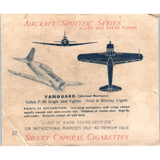 1940-1941 Sweet Caporal Cigarette Card - Vanguard Vultee P-48 Fighter #22 D21