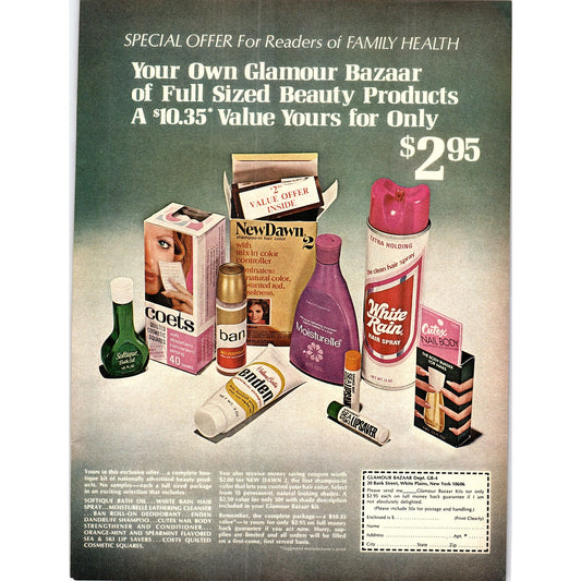 Glamour Bazaar Full Sized Beauty Products White Plains NY 1972 Ad AF3-13