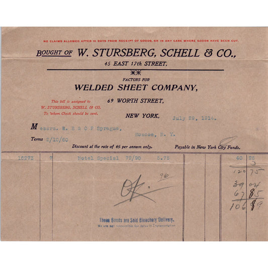 W. Stursberg, Schell & Co Welded Sheets NY 1914 Original Billhead Receipt D8-LL