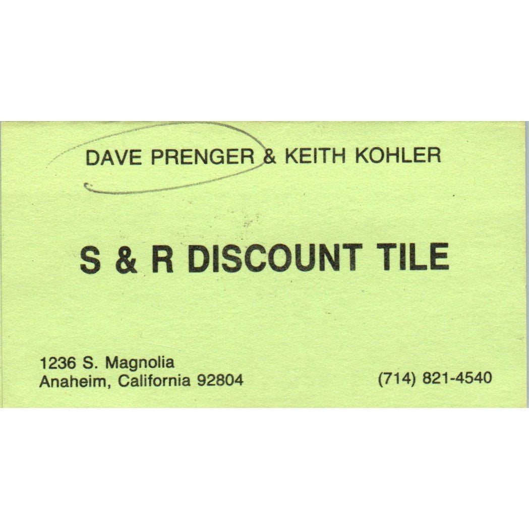 Dave Prenger Keith Kohler S&R Discount Tile Anaheim CA Vtg Business Card SD8-B3