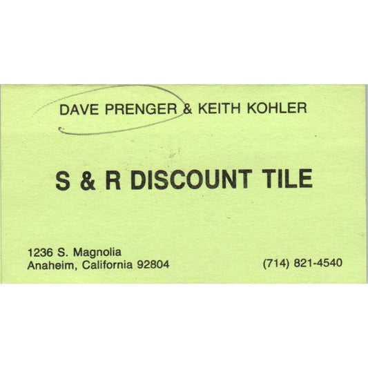 Dave Prenger Keith Kohler S&R Discount Tile Anaheim CA Vtg Business Card SD8-B3