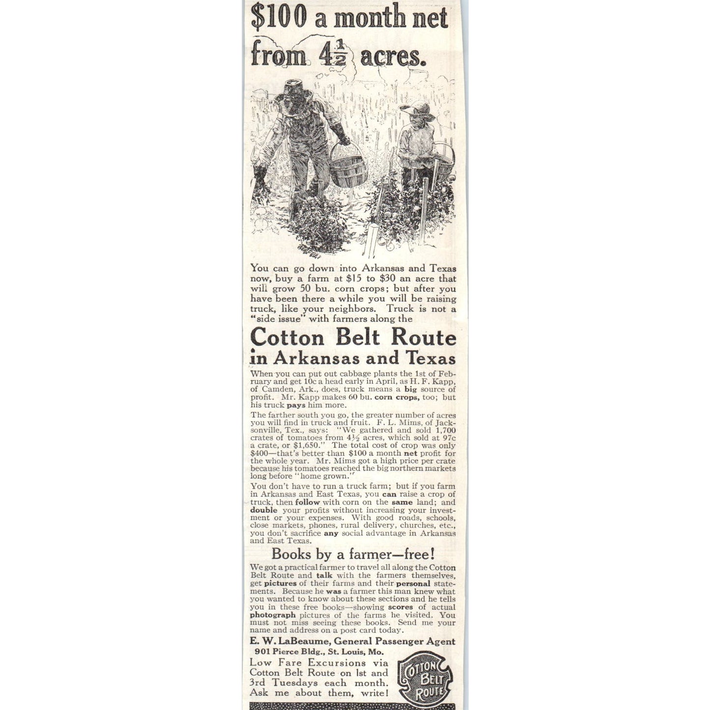 Cotton Belt Route AR TX E.W LaBeaume St Louis 1913 Magazine Advertisement AE7-N7