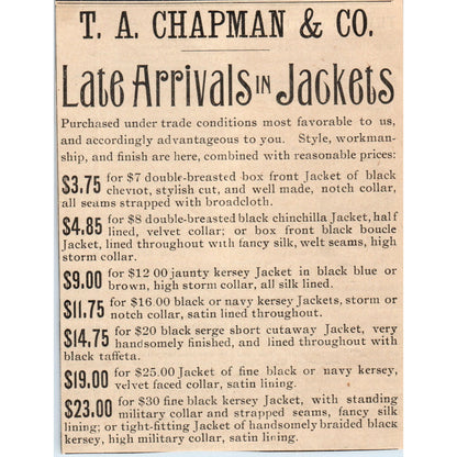 T.A. Chapman & Co Late Arrivals in Jackets Milwaukee 1898 Newspaper Clip AF7-E12