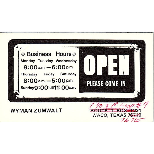 Wyman Zumwalt Waco Texas Vintage  Business Card SB4-B9