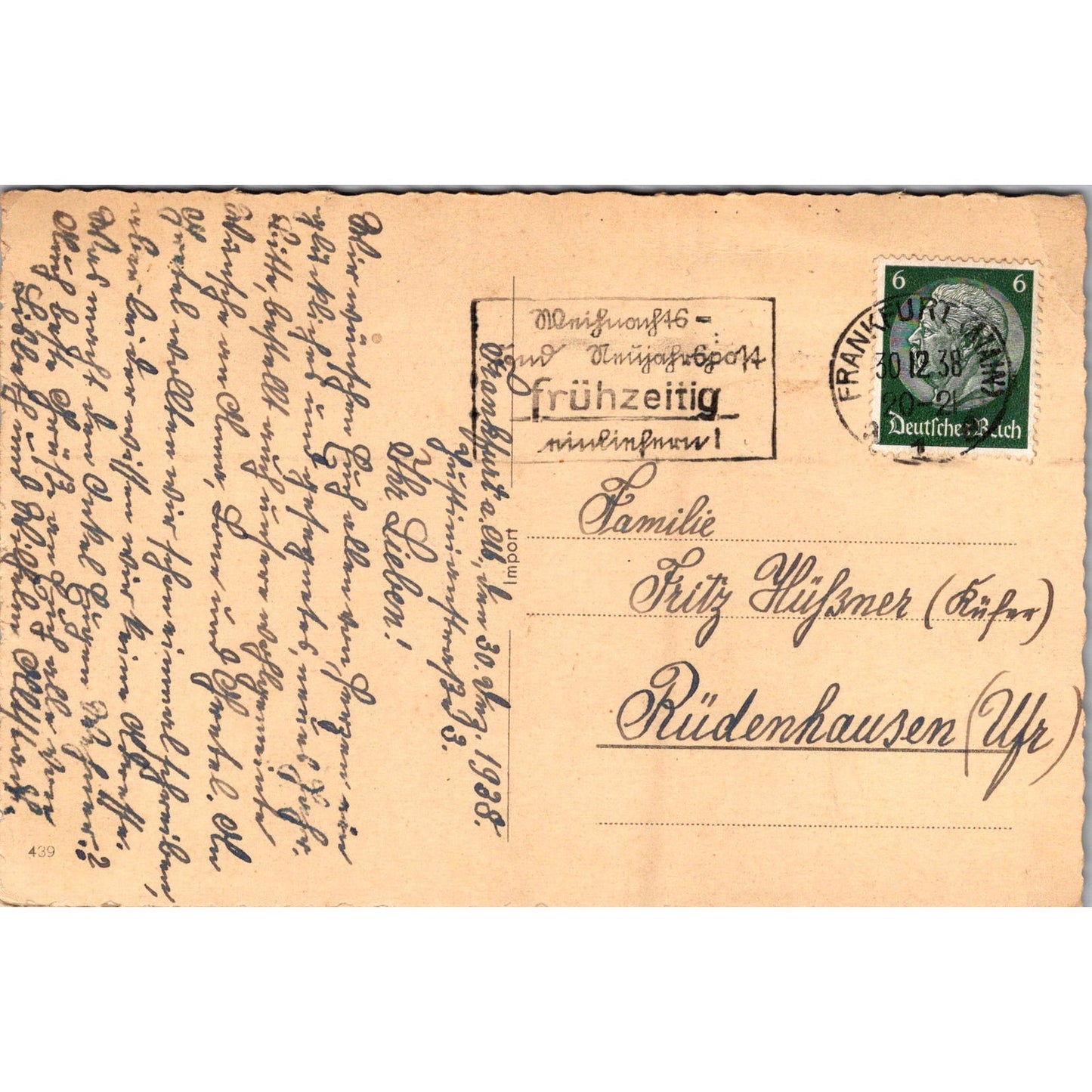 WWII New Year Frankfurt Fritz Hüßner 1938 German Reich Postcard P5-11