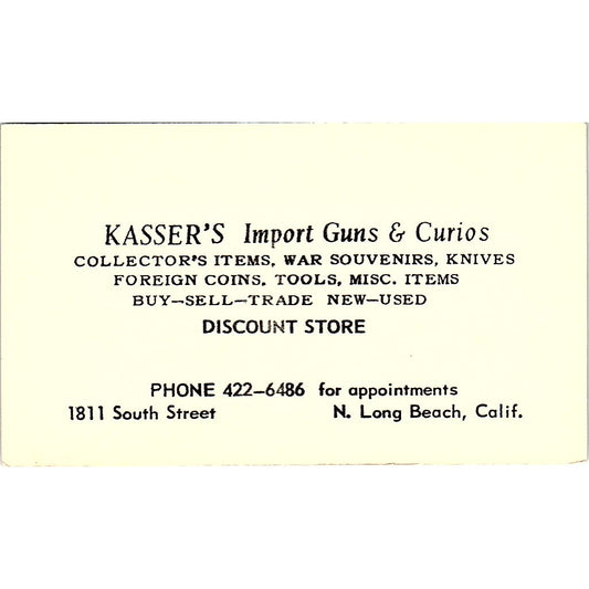 Kasser's Import Guns & Curios N Long Beach CA Vintage Business Card SF3-B6
