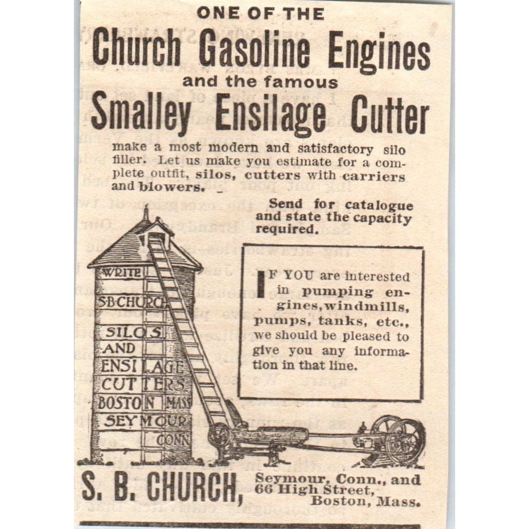 S.B. Church Gasoline Engines & Ensilage Cutter Boston 1905 Magazine Ad AF1-NH2