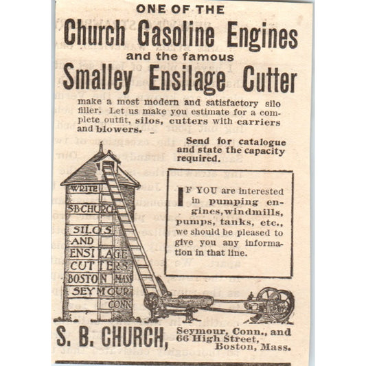 S.B. Church Gasoline Engines & Ensilage Cutter Boston 1905 Magazine Ad AF1-NH2
