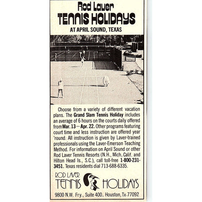 Rod Laver Tennis Holidays at April Sound Texas 1977 Ad AF3-Q2