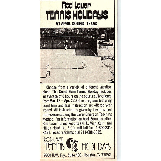 Rod Laver Tennis Holidays at April Sound Texas 1977 Ad AF3-Q2