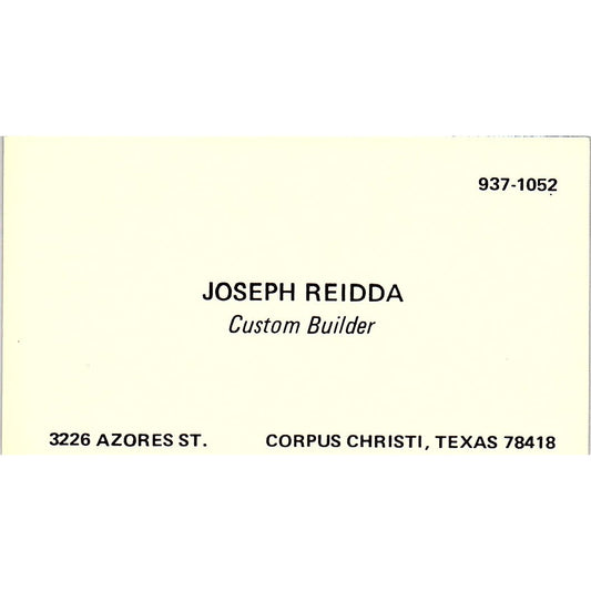 Joseph Reidda Custom Builder Corpus Christi TX Vintage Business Card SD9-B3