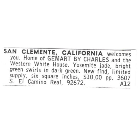Gemart By Charles Lapidary San Clemente California 1972 Ad AF8-S12