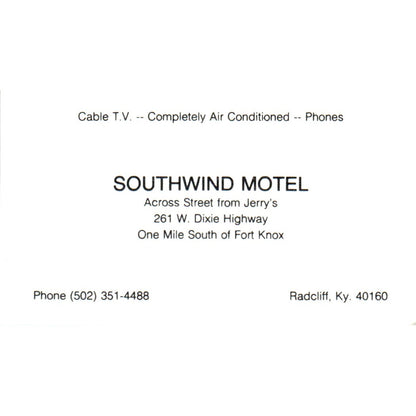 Southwind Motel Radcliff KY Vintage Business Card SE3-B1