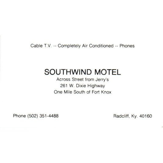 Southwind Motel Radcliff KY Vintage Business Card SE3-B1