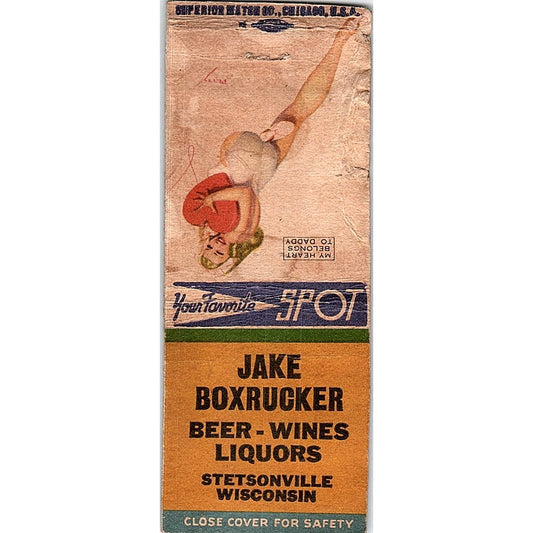 Jake Boxrucker Liquors Stetsonville WI Pinup Vintage Matchbook Cover SF3-Y5