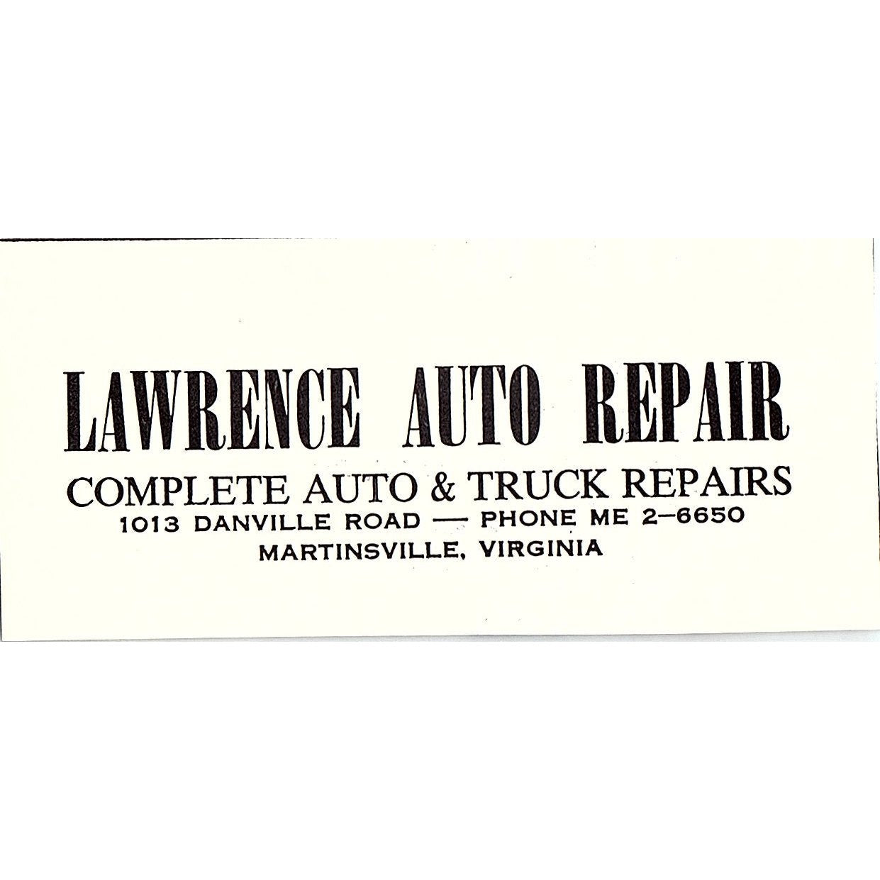 Lawrence Auto Repair 1013 Danville Road Martinsville VA 1960s Ad AG2-M3