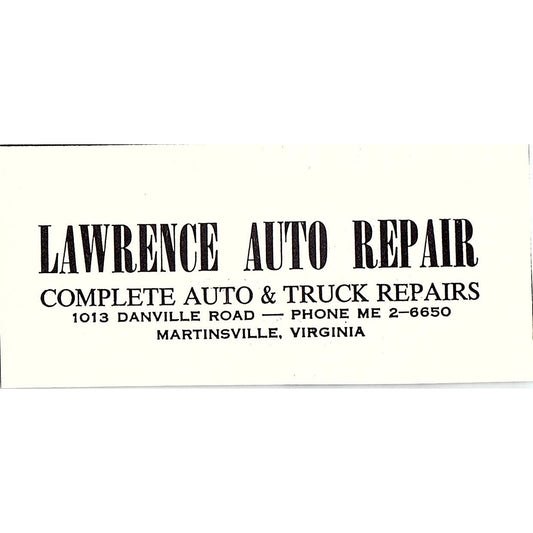 Lawrence Auto Repair 1013 Danville Road Martinsville VA 1960s Ad AG2-M3