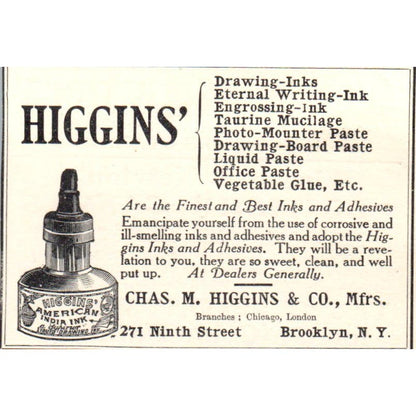 Chas. M. Higgins & Co Inks Brooklyn NY c1905 Victorian Ad AE9-MA9